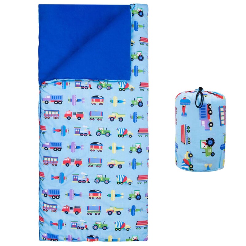 Wildkin Kids Sleeping Bag â€“ Roll-Up Design with Storage Bag for School, Travel & Camping - Trains, Planes, and Trucks - Image 1